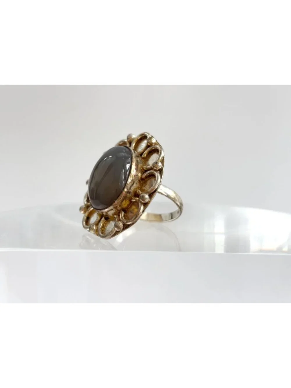 Grey Agate Cabochon Oval Stone Scalloped Sterling Silver 925 Vintage Ring - sz 9